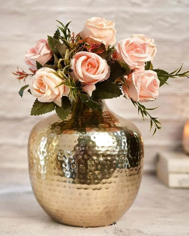 Golden Hammered Bud Shape Metal Vase For Home Decor | 7 x 7 inches