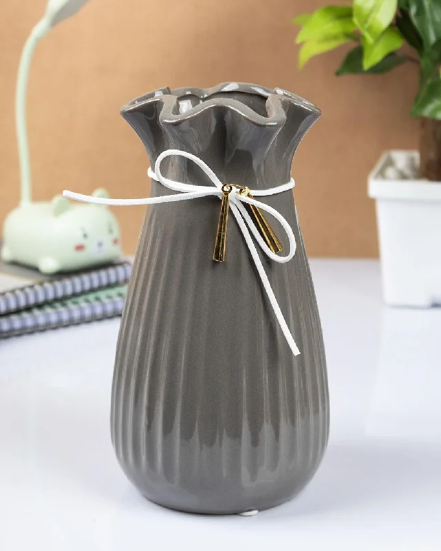 Vase with Tassel, Floral Mouth, Grey, Ceramic