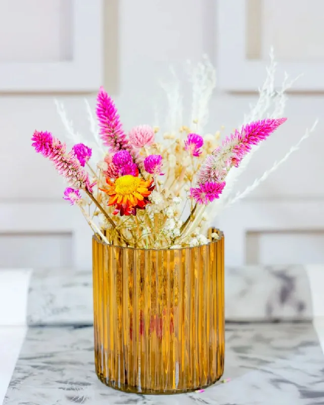 Yellow Horizontal Glass Vase With Garden Bunch