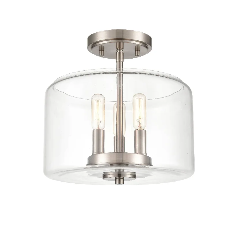 Asheville Semi-Flush Mount Fixture - Satin NIckel - Clear Glass - 11in. Diameter - E12 Candelabra Base