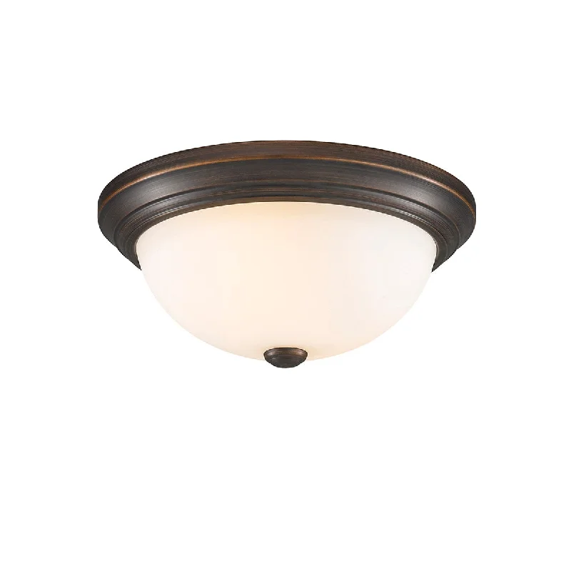 Flush Mounted Fixture - Rubbed Bronze - Etched White Glass - 13in. Diameter - E26 Medium Base