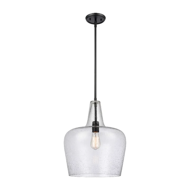 Puckette Pendant - Matte Black - Clear Seeded Glass - 13.75in. Diameter - E26 Medium Base