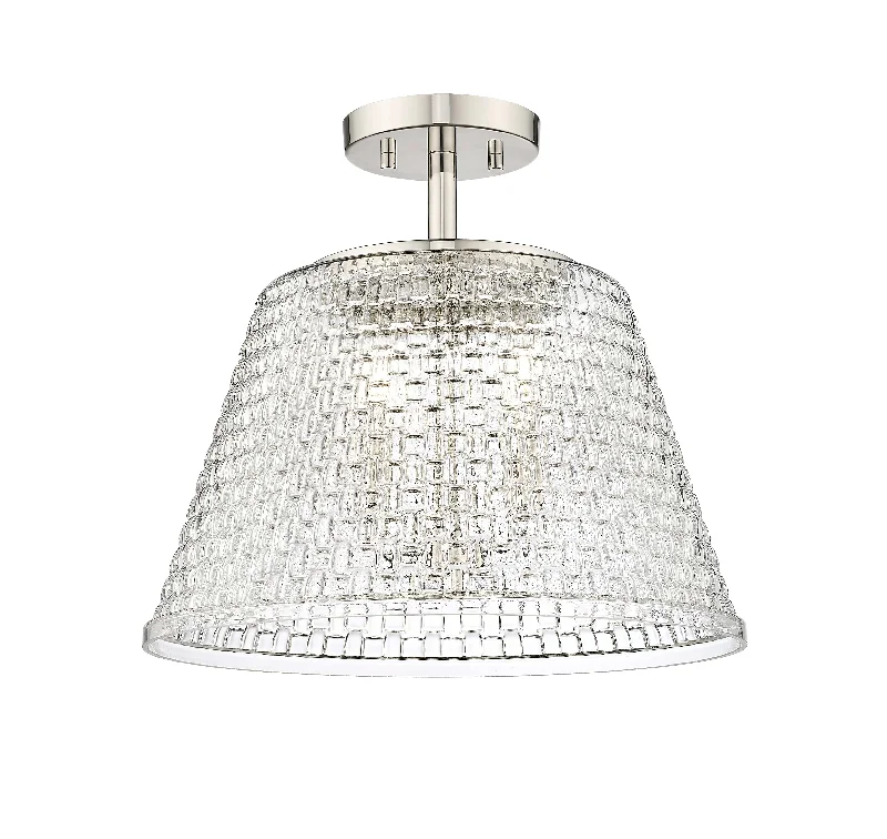 Saben Semi-Flush Mount Fixture - Polished Nickel - Clear Woven Lattice Glass - 15in. Diameter - E12 Candelabra Base