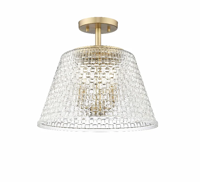 Saben Semi-Flush Mount Fixture - Vintage Brass - Clear Woven Lattice Glass - 15in. Diameter - E12 Candelabra Base