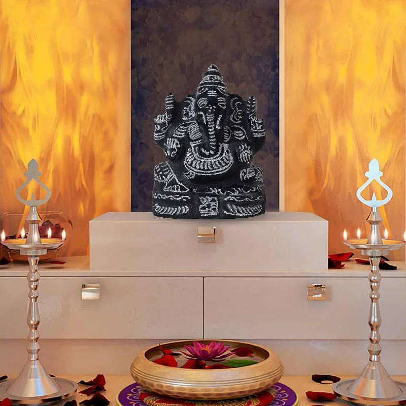 Black Stone Ganesh Murti  - 8 Inches | Ganapathi Vigraham/ Vinayagar Statue for Pooja