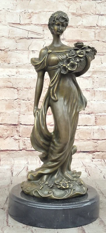 Detailed Vintage Bronze Sculpture of Woman with Flower Basket, Signed Original by M.Lopez