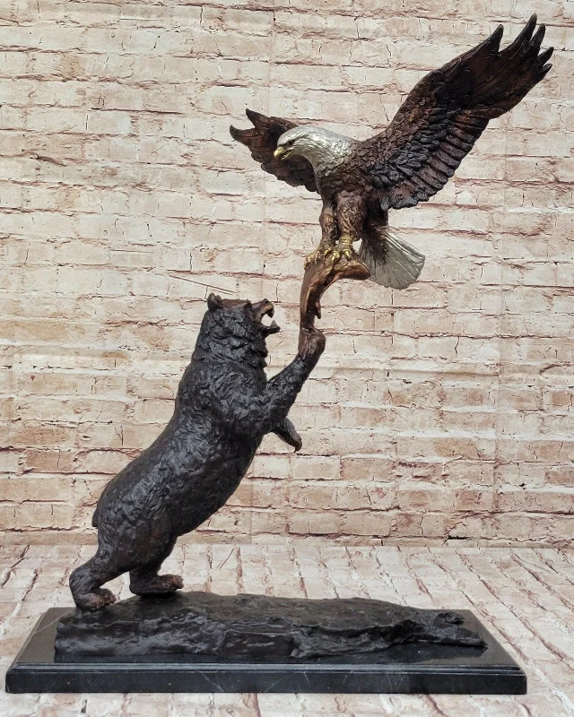 Handcrafted Bronze Bear and Eagle Sculpture: Wildlife Collector`s Edition