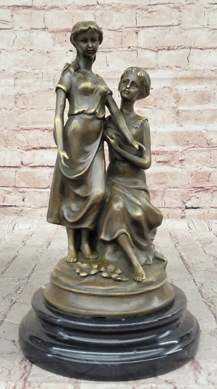 Handcrafted Bronze Sculpture of Two Sisters by M. Lopez, Classic Art Nouveau Figurine