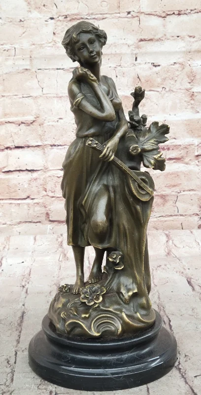 Handmade Classic Artwork of Woman Musician Playing Banjo, Bronze Sculpture by Milo