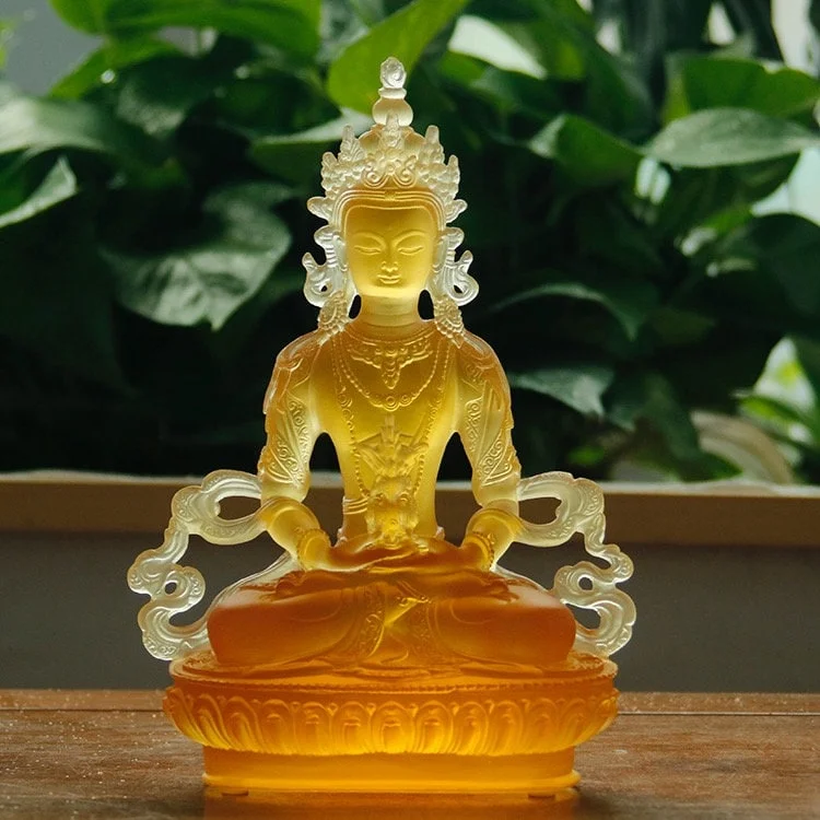 Liu Li Amitayus Buddha Statue | Glass Sculputre Ornaments | Religion | Longevity Buddha | Tibetan Mantra | Altar Praying | Meditation