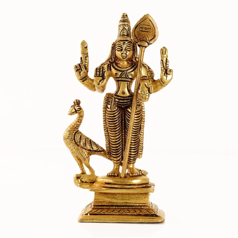 Murugan Statue  - 5 x 2.5  Inches 430 Gms |  Antique Brass Statue/ Murugan with Peacock Idol/ Murugan Silai for Pooja