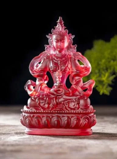 Red Liu Li Longevity Buddha Statue | Glass Sculputre Ornaments | Religion | Amitayus Buddha | Tibetan Mantra | Altar Praying | Meditation