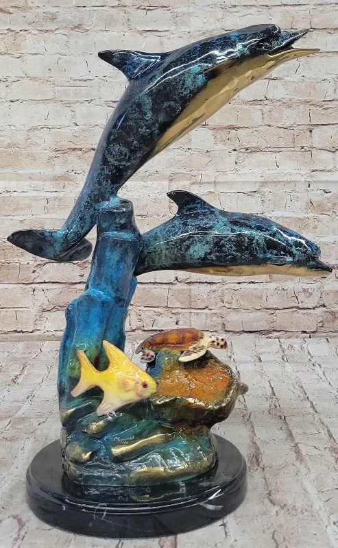 Signed Bronze Turtle and Dolphin Statue: Limited Edition Sea Life Artwork