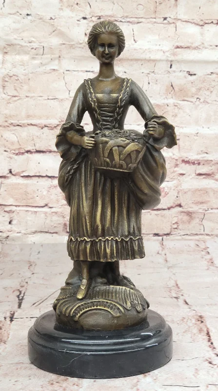 Signed Milo Bronze Sculpture - Victorian Lady with Fruit Basket Classic Decor