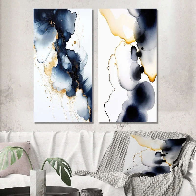 Designart "A Dreamer Childhood Liquid Blue Ink And Gold III" Abstract Wall Art Set of 2 - Modern Printed Wall Décor