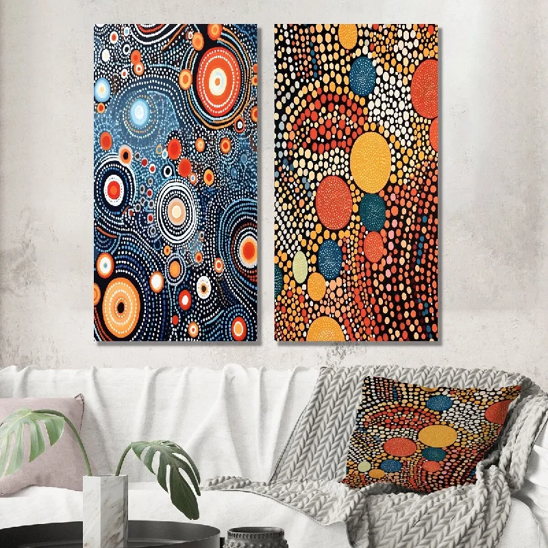 Designart "Aboriginal Circular Dot Art Compositions II" Abstract Wall Art Set of 2 - Transitional For Office Decor