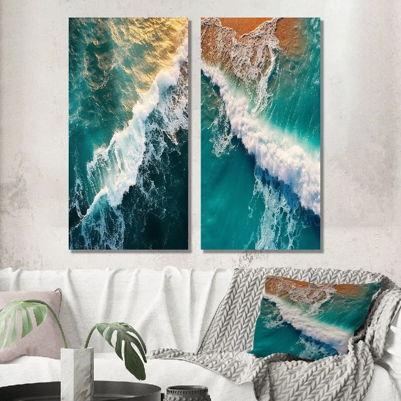 Designart "Aerial View Photograph Turquoise Waves Breaking I" Coastal Waves Wall Art Set of 2 Wall Art For Home Decor