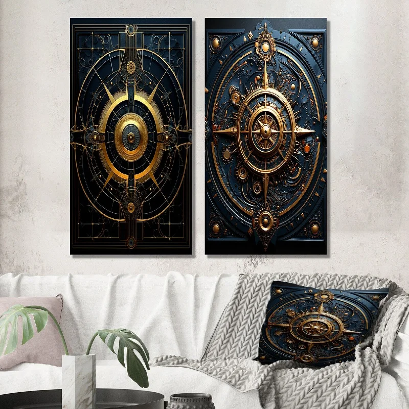 Designart "Ancient Compass Geometric In Gold And Blue VII" Geometric Wall Set of 2 Modern Wall Art For Living Room Decor