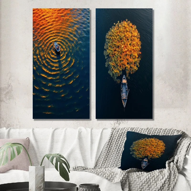 Designart "Arial View Small Boat On The Calm Lake II" Boat Wall Art Set of 2 - Modern For Living Room Decor