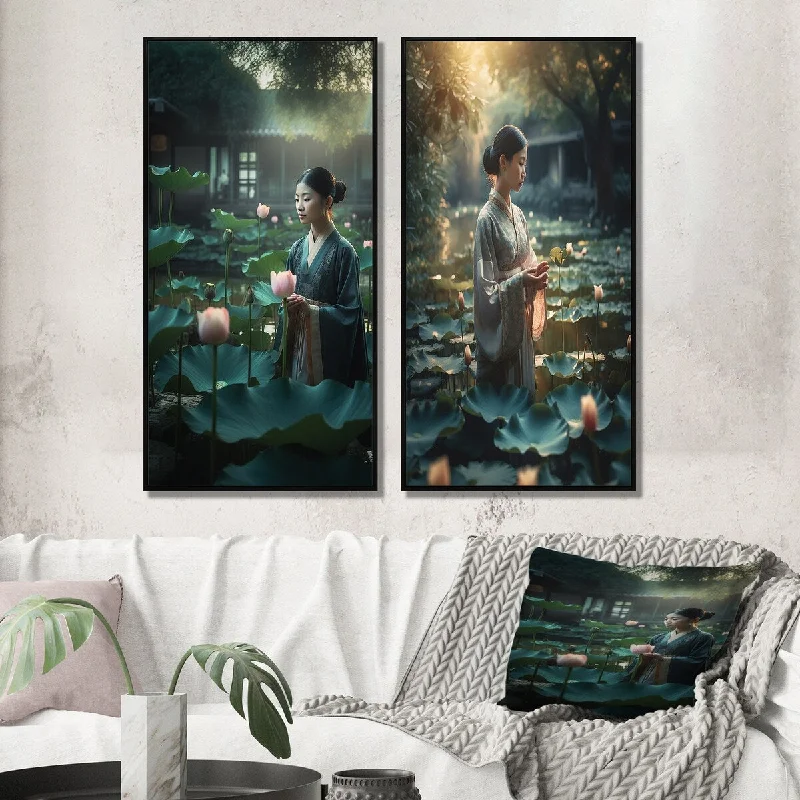 Designart "Asian Girl In Lotus Pond At Dawn III" Asian Woman Wall Art Décor - Glam Wall Art Set Of 2