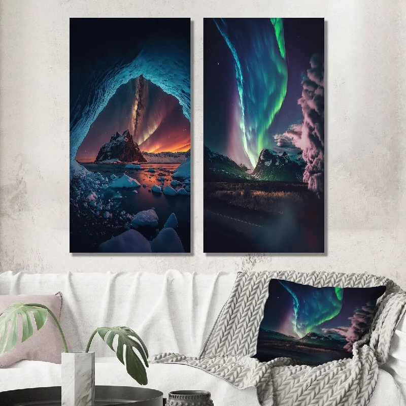 Designart "Aurora Borealis Magical Northern Lights III" Landscape Wall Art Set of 2 - Traditional Living Room Decor