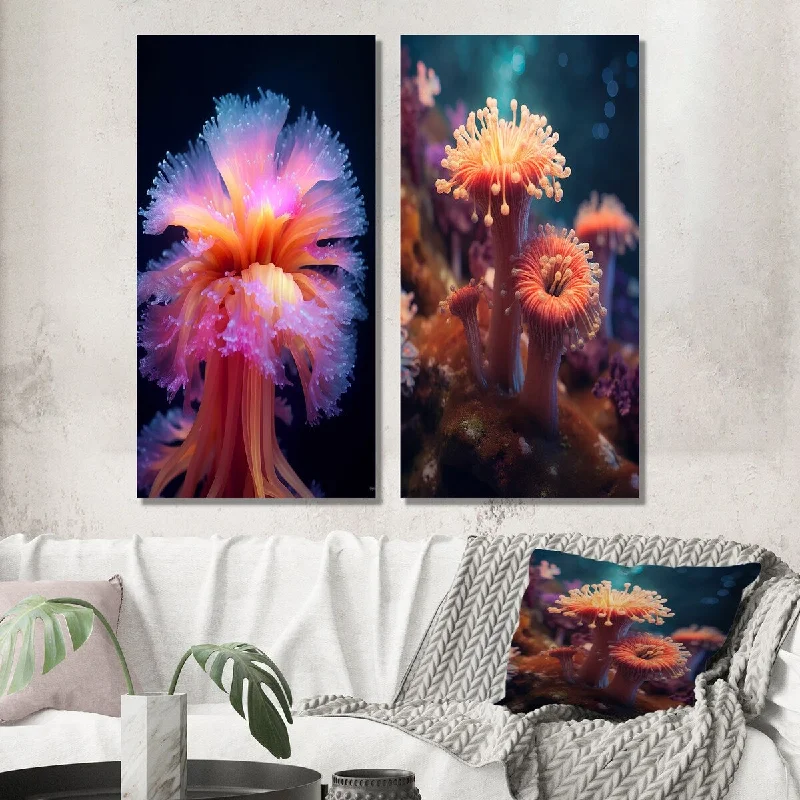 Designart "Beautiful Deep Sea Anemones In Pink And Blue IV" Animal Wall Art Set of 2 Modern Wall Art For Bedroom