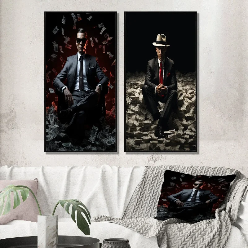 Designart "Billionaire Man With Hat Abundance Of Money" Man Framed Wall Art For Bedroom - Glam Wall Art Set Of 2