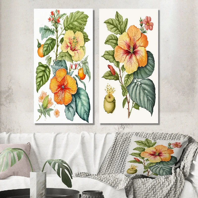 Designart "Blossiming Yellow Retro Hibiscus I" Floral Hibiscus Wall Art Set of 2 - Traditional Wall Art For Bedroom