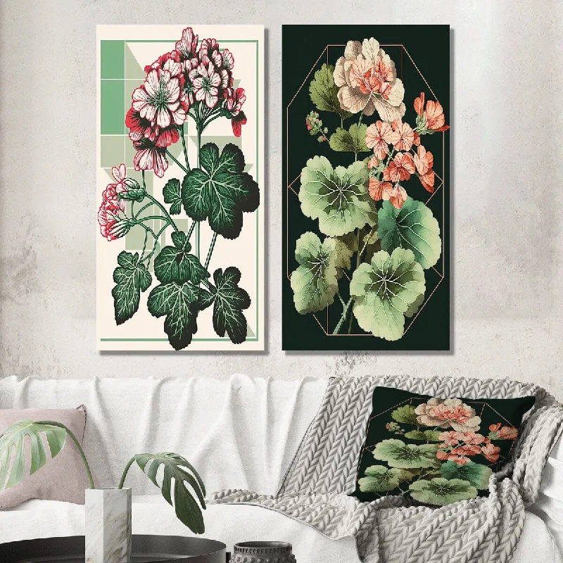 Designart "Blossoming Geranium In Retro Colors I" Floral Wall Art Set of 2 - Traditional Living Room Decor