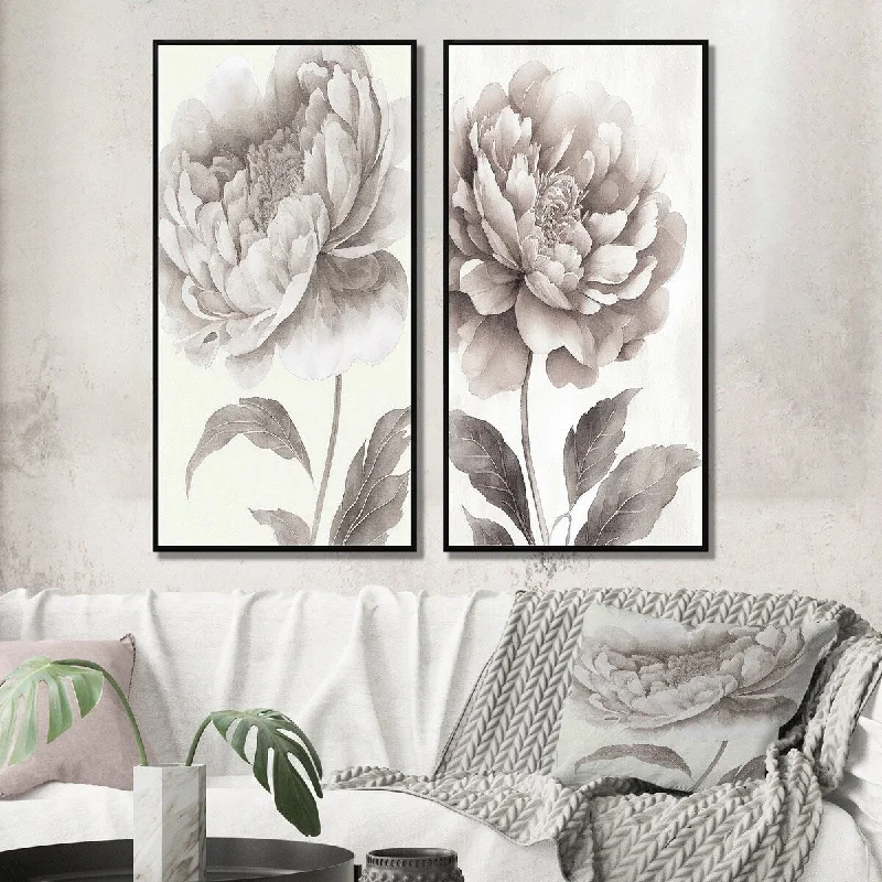 Designart "Blossoming Peony In Shades Of Gray II" Floral Peony Framed Wall Art Canvas Set For Living Room Decor