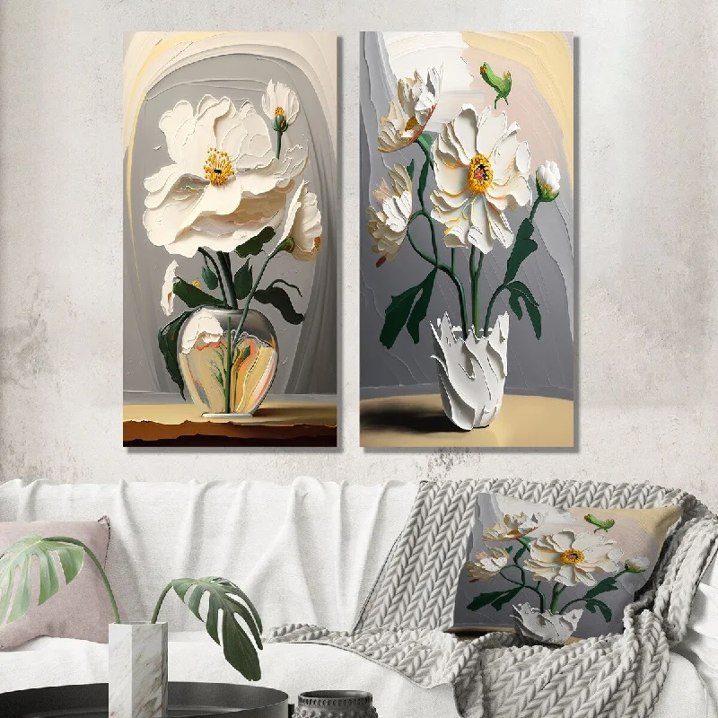 Designart "Blossoming White Flowers Still Life I" Floral Wall Art Set of 2 - Traditional For Living Room Decor