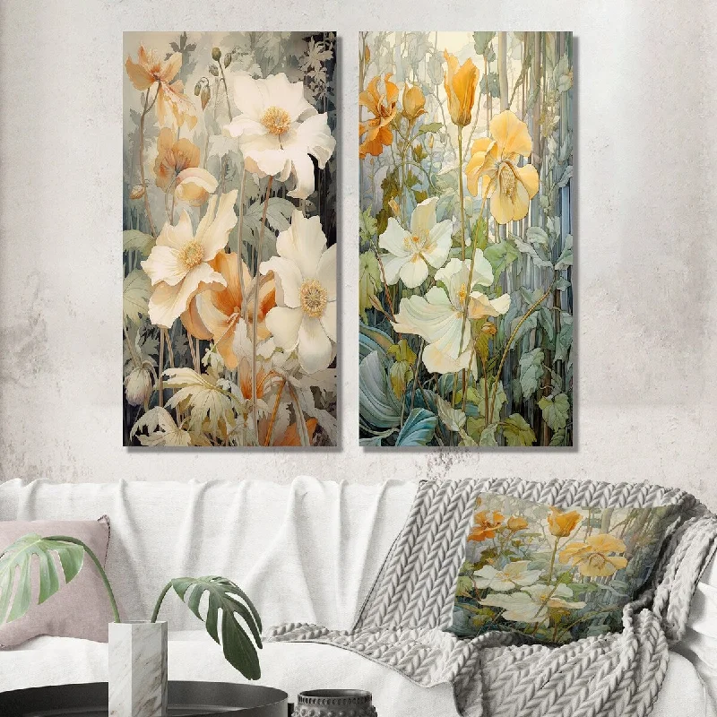 Designart "Blossoming White Wildflowers Retro Illustration I" Wildflowers Set of 2 - Traditional Wall Art For Home Decor