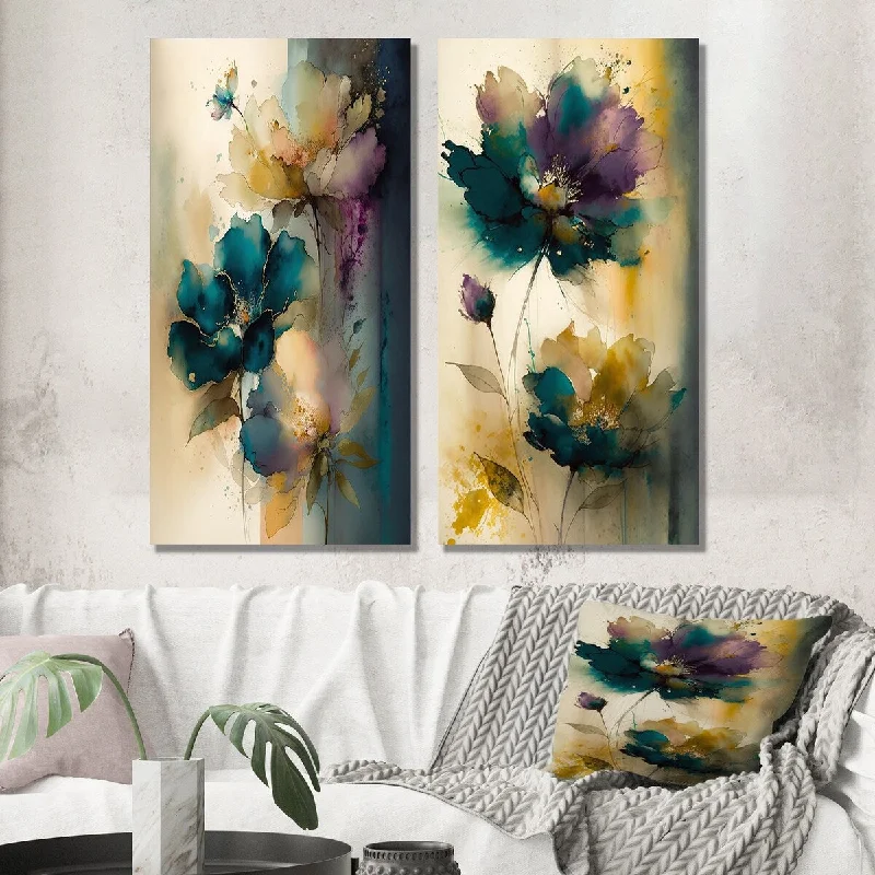 Designart "Blossoming Wildflowers Delicate Retro Watercolor" Flowers Wall Art Set of 2 Traditional Wall Art For Bedroom