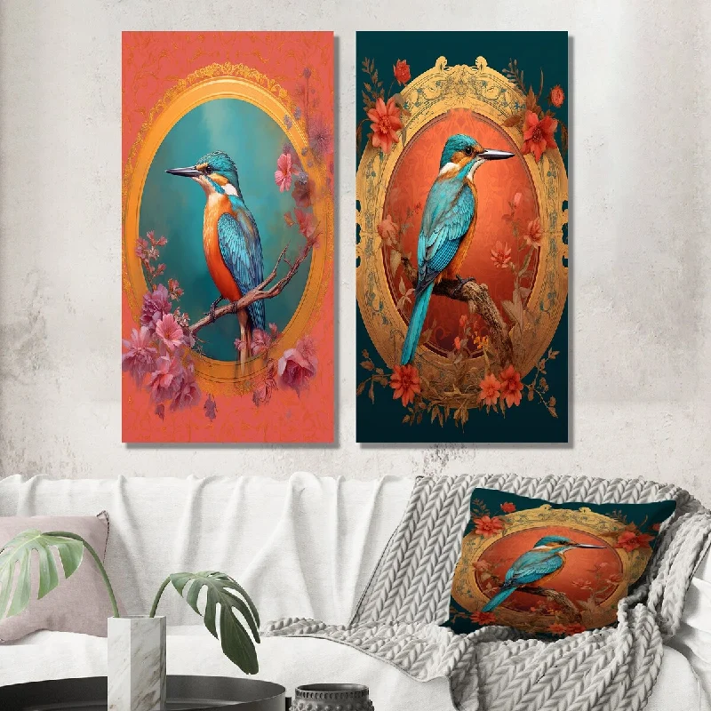 Designart "Blue Kingfisher Retro Illustration I" Animals Bird Wall Art Set of 2 - Children's Art For Living Room Decor