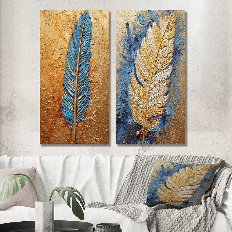 Designart "Boho Glam Exquisite Gold On Blue Feather PaintingI" Feathers Wall Art Set of 2 - Modern Printed Wall Décor