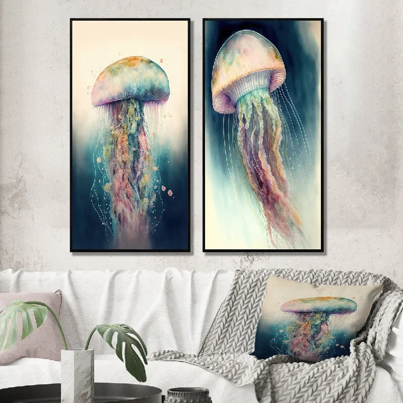 Designart "Colorful Deepsea Jellyfish I" Animal Fish Framed Wall Art Set Of 2 Gallery Set For Office Decor