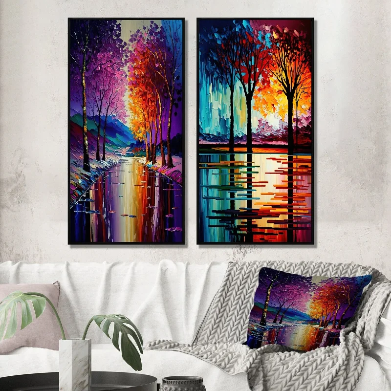 Designart "Colorful Trees At Sunset By The Riverside I" Landscape Forest Framed Wall Art For Bedroom Wall Art Set Of 2