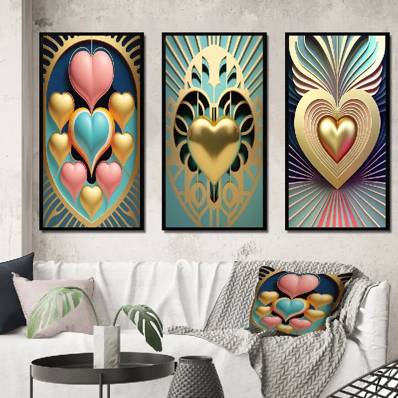 Designart "Contemporary Pastel Blue Radiating Heart II" Romantic Abstract Frame Gallery Wall Set Of 3 For Home Decor