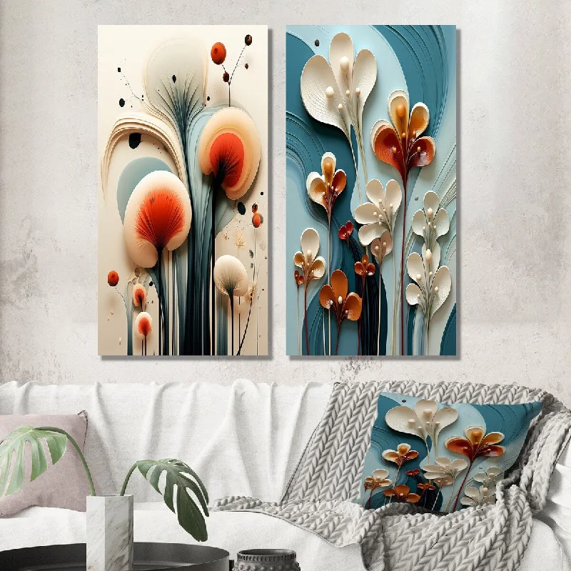 Designart "Contemporary White Flower On Teal IV" Abstract Botanicals Wall Art Set of 2 - Modern Printed Wall Décor