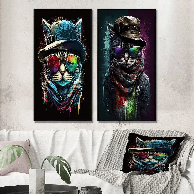 Designart "Cool Cat With Funky Sunglasses And A Hat I" Animals Framed Wall Art Set Of 2 Gallery Set For Office Decor