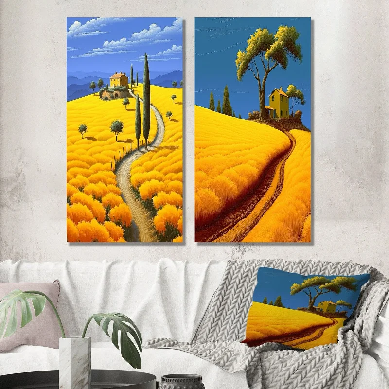 Designart "Cottage Countryroad Golden Blossoming Fields" Meadow Wall Art Set of 2 - Traditional Living Room Decor