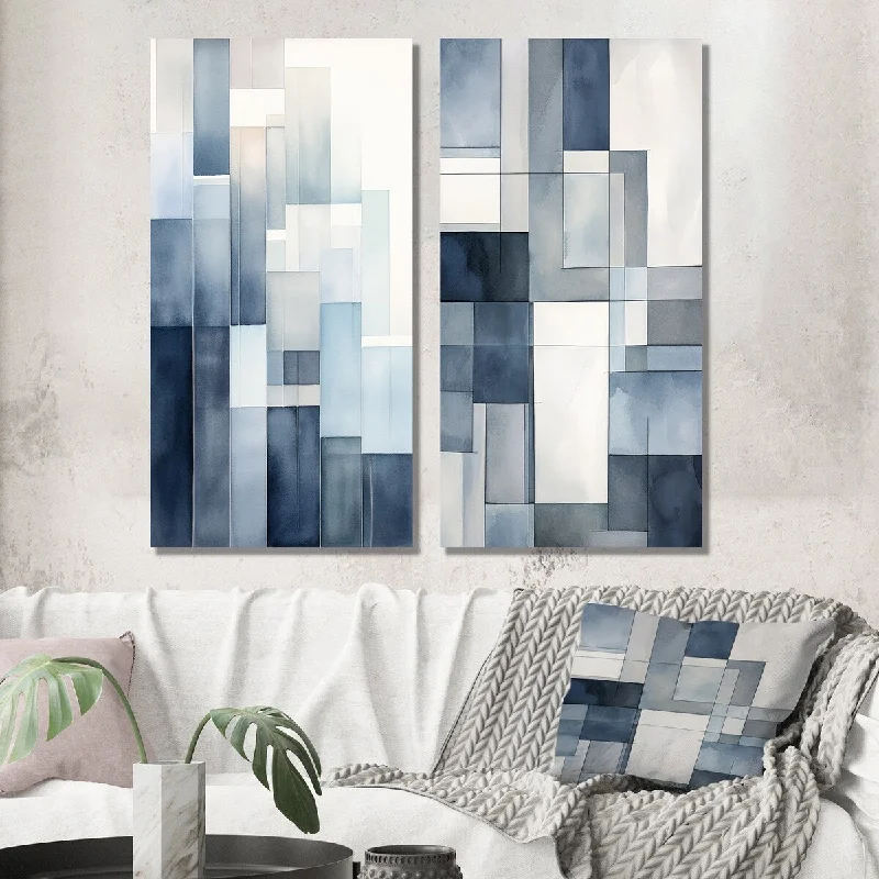 Designart "Cubist Dreams In Faded Retro Navy Blue I" Modern Wall Art Set of 2 - Modern For Living Room Decor