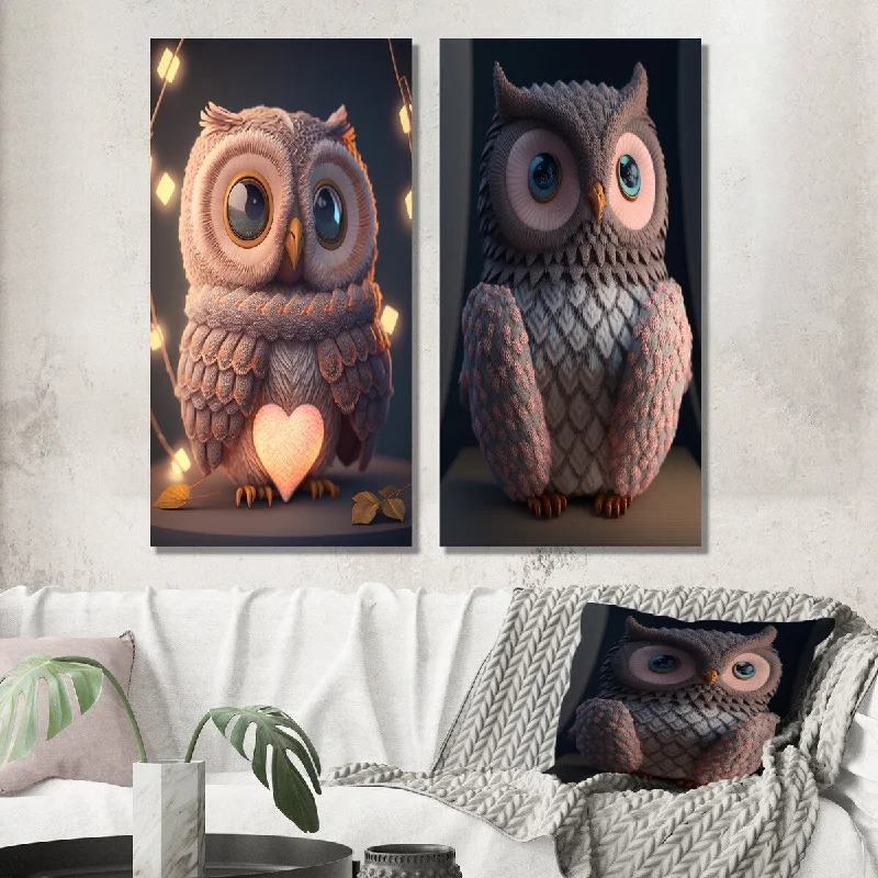 Designart "Cute Litte Knitted Pink Heart Owl II" Animals Owl Wall Art Set of 2 - Children's Art Living Room Decor