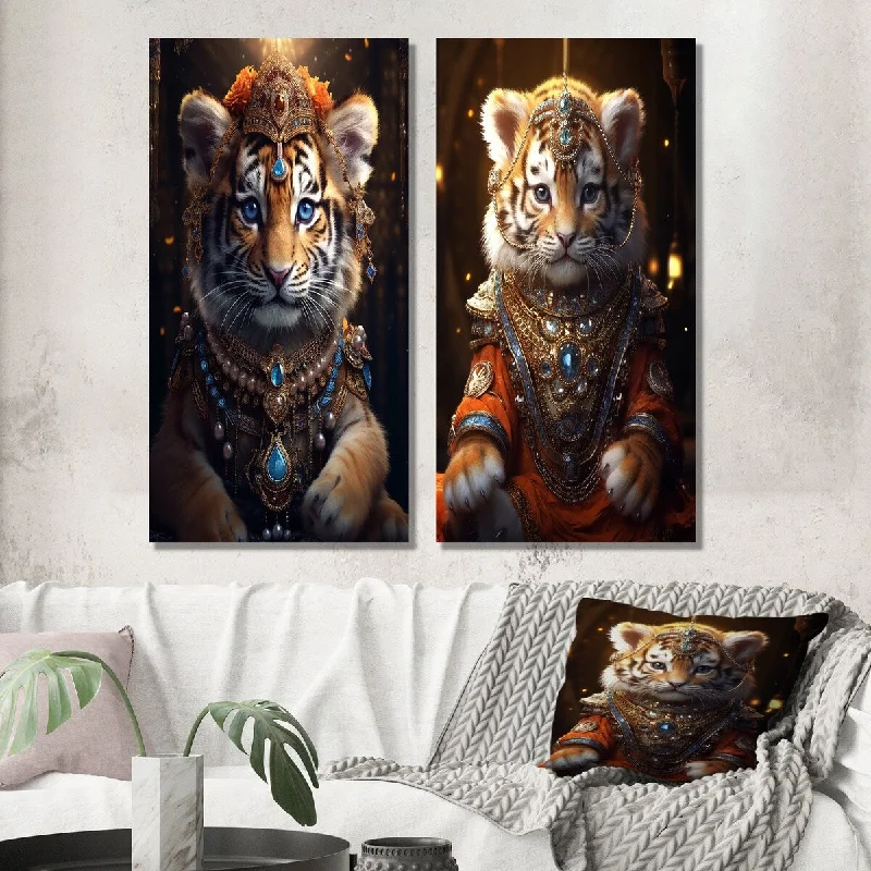 Designart "Cute Little Royal Lion Kitten II" Animals Lion Wall Art Set of 2 - Children's Art Wall Art For Home Decor