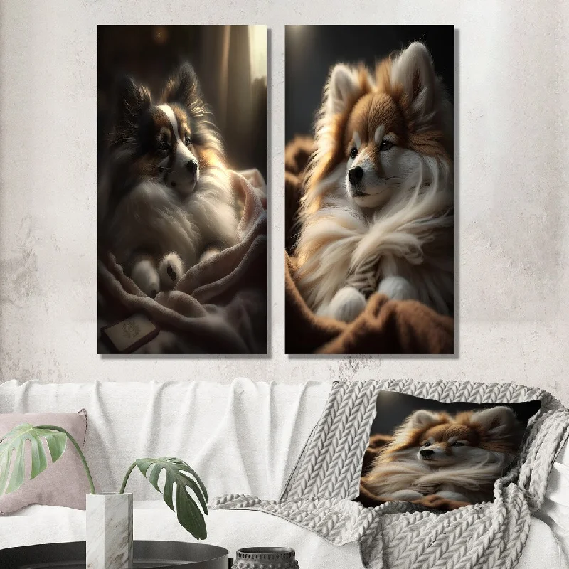 Designart "Cute Puppy in The Morning Sun I" Animals Dog Wall Art Set of 2 - Children's Art Wall Art For Home Decor