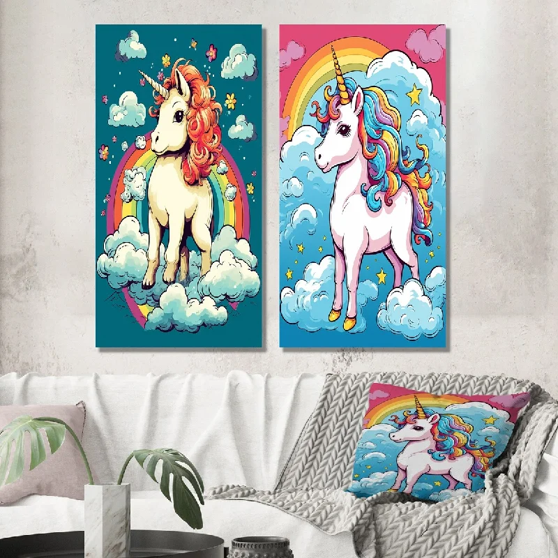 Designart "Cute Unicorn And Rainbow I" Fantasy Unicorn Wall Art Set of 2 - Children's Art Wall Art For Bedroom