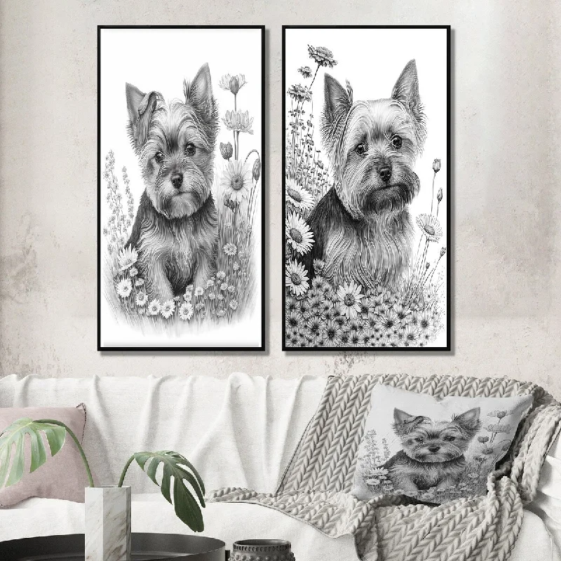 Designart "Cute Yorkshire Dog With Flowers I" Animals Dog Framed Wall Art For Bedroom - Children's Art Wall Art Set Of 2