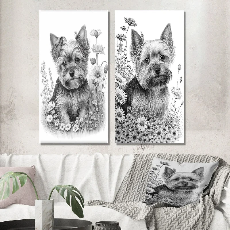 Designart "Cute Yorkshire Dog With Flowers I" Animals Dog Wall Art Set of 2 - Children's Art For Living Room Decor