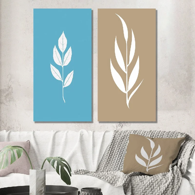 Designart "Delicate Essence White Minimal Leaves" Flowers Wall Art Set of 2 - Traditional For Living Room Decor