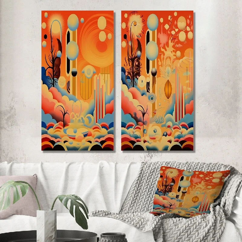 Designart "Dreamcity Retro Futuristic Landscape I" Abstract Landscape Wall Art Set of 2 - Modern Wall Art For Bedroom